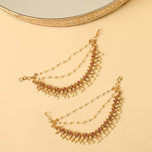 TARINIKA Antique Gold Plated Ear Chain | Traditional Indian Brass Jewelry with CZ and Pearls for Wedding & Festive Events Hair Jewellery (Gayatri Antique(White Red Green)) - Image 4
