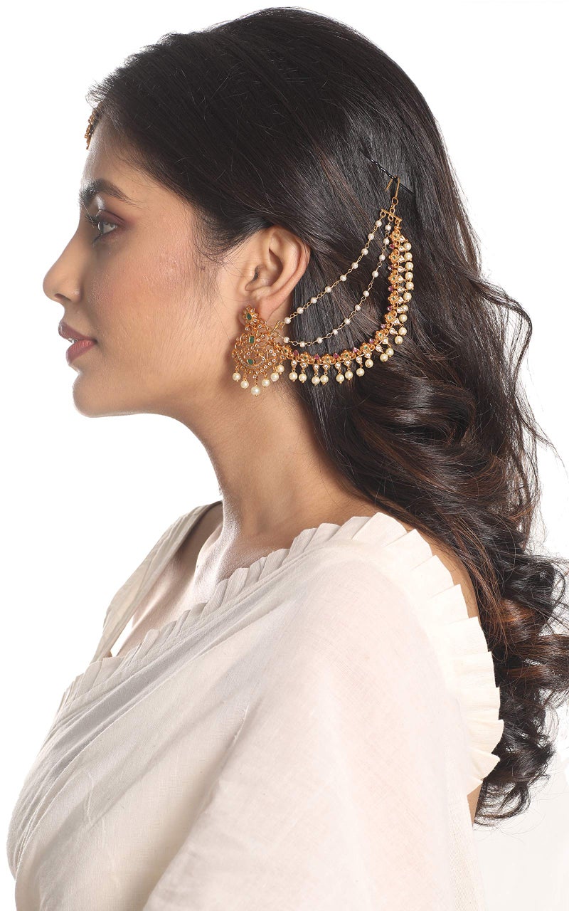 TARINIKA Antique Gold Plated Ear Chain | Traditional Indian Brass Jewelry with CZ and Pearls for Wedding & Festive Events Hair Jewellery (Gayatri Antique(White Red Green)) - Image 2