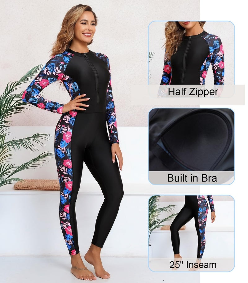 ALLTOKE Womens Full Body Rash Guard with Built in Bra Long Sleeve One Piece Swimsuit Upf50+ Zip Front Bathing Suit Black Pink Flower XS - Image 4