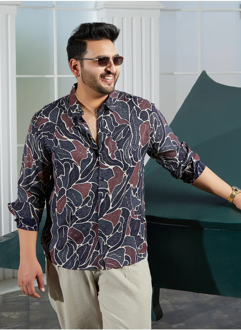 انستافاب بلس Instafab Plus Men's Black & Blue Speckled-Foliage Regular Shirt For Casual Wear | Spread Collar | Long Cuffed Sleeves | Button Closure | Plus Size Shirt Crafted With Comfort Fit For Everyday Wear