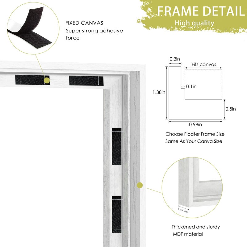 Abtgt 16x20 Canvas Floating Frame with 0.9" Deep, White Floater Frame for Canvas Paintings with Adhesive, Vertical or Horizontal Wall Art frame for Prints Oil Painting Diamond Decor, 1 Pack. - Image 4