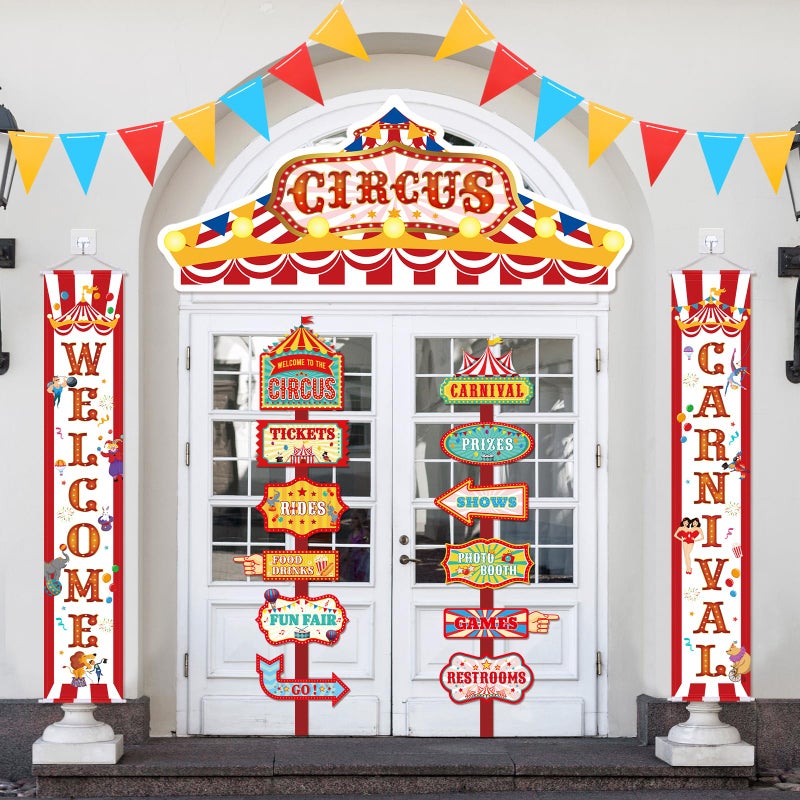 ShinyRelief 15 Pcs Circus Decorations Carnival Striped Awning Porch Banner Carnival Theme Directional Signs Welcome to the Circus for Birthday Party Supplies - Image 1