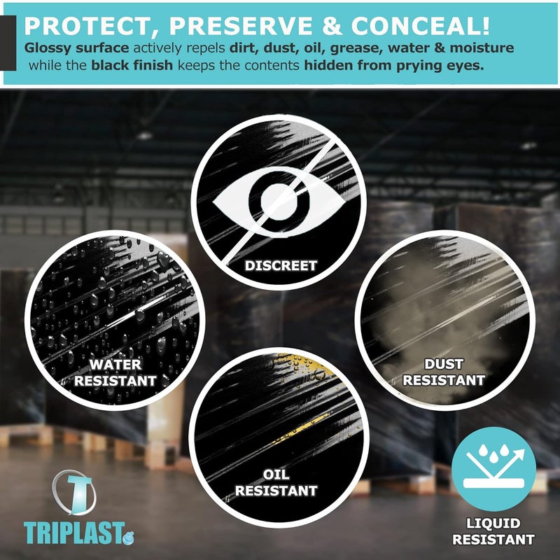 Triplast 1 Roll x 400mm Black Pallet Stretch Wrap | Extra Long Roll, Standard Core, 17mu Thick | Shrink Wrap, Cling Film, Plastic Wrap | Packaging for Removals, Industrial & Warehouse Use - Image 3