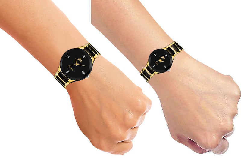 Acnos Premium Plated Full Black Dial Couple Analog Watches For Men And Women (Black Gold) Pack Of 2 - Stainless Steel - Image 5