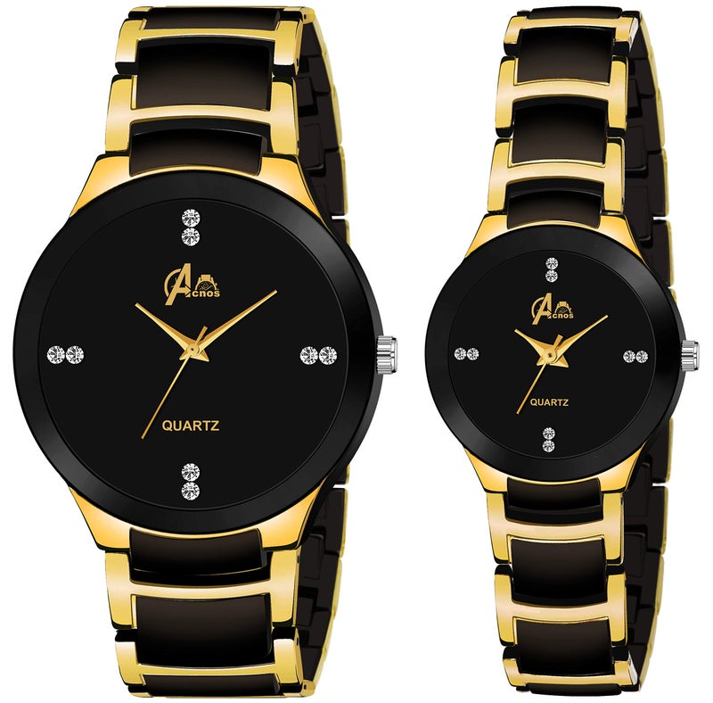 Acnos Premium Plated Full Black Dial Couple Analog Watches For Men And Women (Black Gold) Pack Of 2 - Stainless Steel - Image 1
