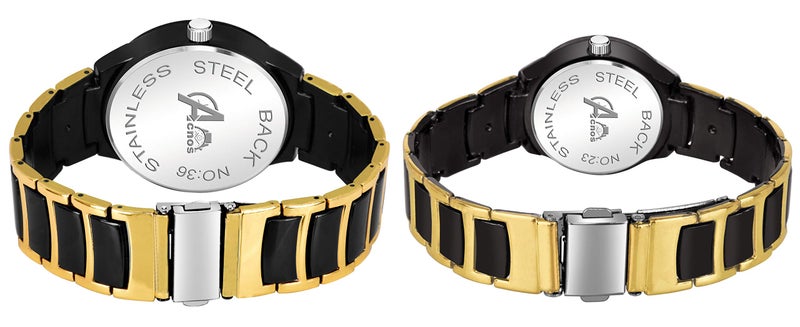 Acnos Premium Plated Full Black Dial Couple Analog Watches For Men And Women (Black Gold) Pack Of 2 - Stainless Steel - Image 4