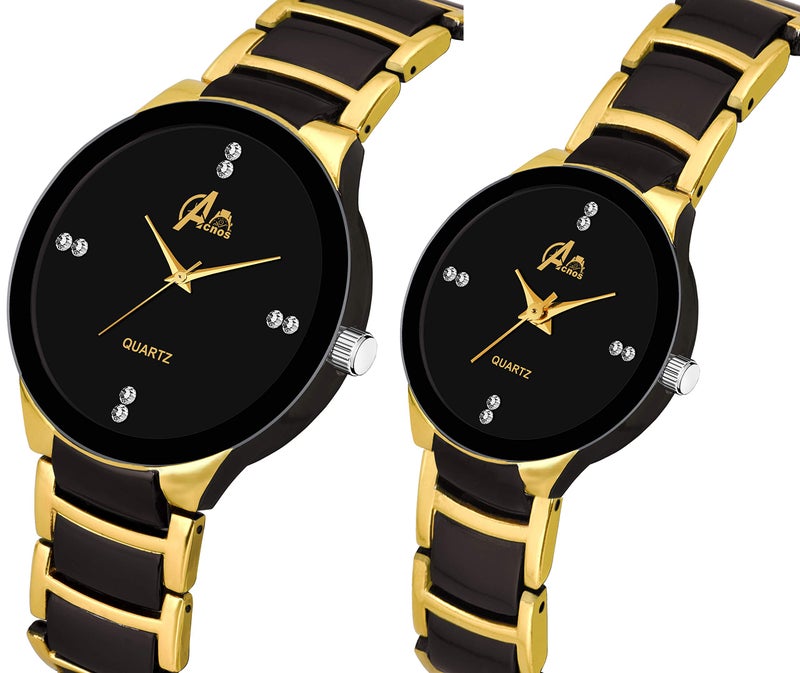 Acnos Premium Plated Full Black Dial Couple Analog Watches For Men And Women (Black Gold) Pack Of 2 - Stainless Steel - Image 2