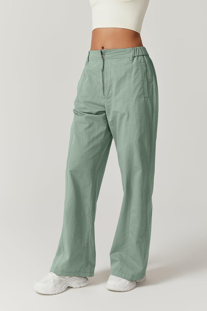 QINSEN Cargo Pants for Women Front Zip Wide Leg Long Casual Pants High Waist Baggy Palazzo Pants with Pockets Iceberg Green M - Image 4