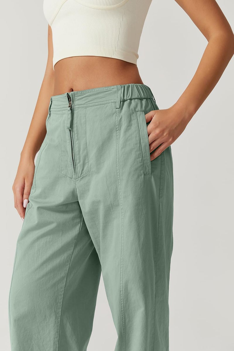QINSEN Cargo Pants for Women Front Zip Wide Leg Long Casual Pants High Waist Baggy Palazzo Pants with Pockets Iceberg Green M - Image 3