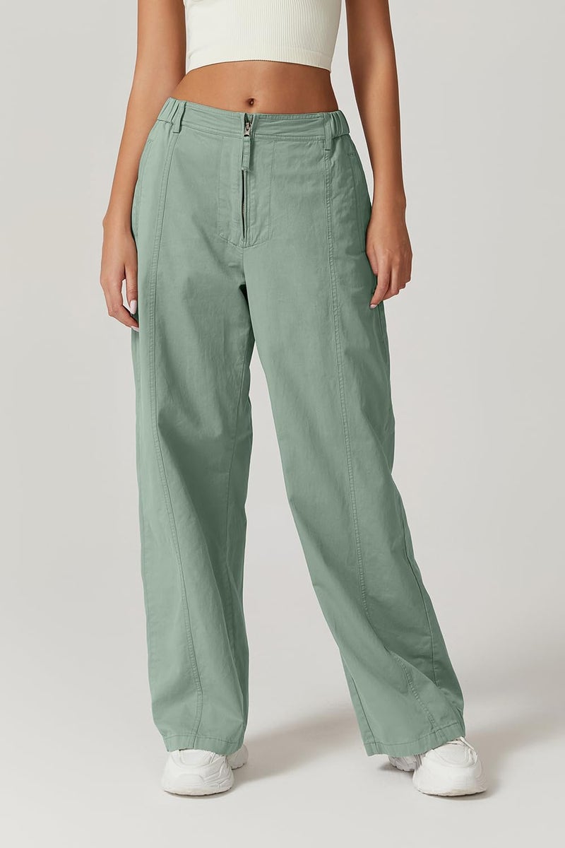 QINSEN Cargo Pants for Women Front Zip Wide Leg Long Casual Pants High Waist Baggy Palazzo Pants with Pockets Iceberg Green M - Image 5