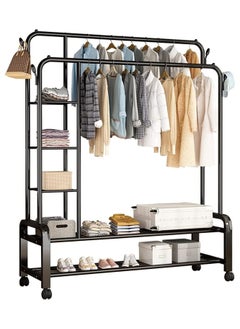 Clothes Hanger Stand, Double Rail Clothes Rack with 3-Tier Storage Shelf, Clothes Stand w/ 2-Tier Bottom Shelf, Clothes Garment Coat Rack for Hanging Coats, Skirts, Shirts, Sweaters, Shoe