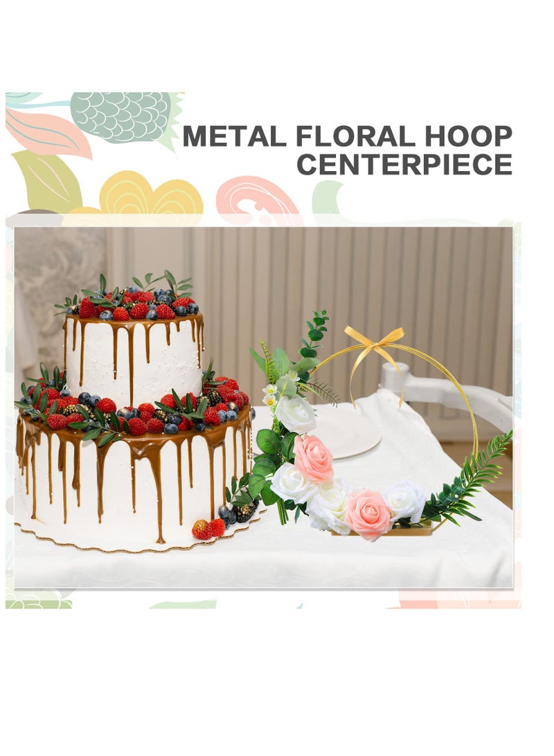 SYOSI 4 Pcs 12 Inch Metal Floral Hoop Centerpiece with Stand Gold Hoop Wreath Rings with Wood Stand Golden Ribbon and Black Silicone Mat for DIY Christmas Crafts Wedding Party Table Decoration - Image 2