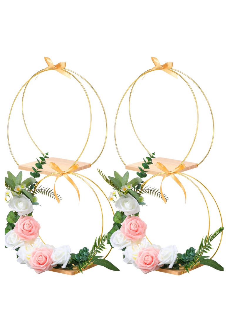 SYOSI 4 Pcs 12 Inch Metal Floral Hoop Centerpiece with Stand Gold Hoop Wreath Rings with Wood Stand Golden Ribbon and Black Silicone Mat for DIY Christmas Crafts Wedding Party Table Decoration - Image 1