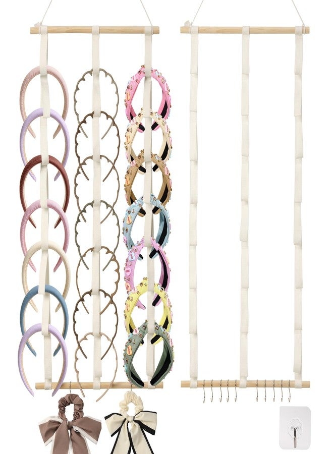 SYGY 3 PCS Headband Holder Organizer for Girls, Hanging Hairband Storage, White Hairband Display with Wooden Stick, 10 S-Shaped Hooks & Adhesive Hook, Hair Accessories Organizer for Bedroom, College Dorm - Image 1