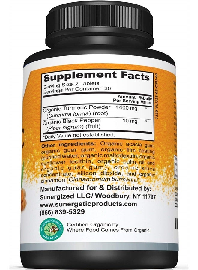 Sunergetic USDA Certified Organic Turmeric Supplement – Includes Organic Turmeric & Organic Black Pepper – 1,400mg of Turmeric per Serving - 60 Count (Pack of 1) - Image 2