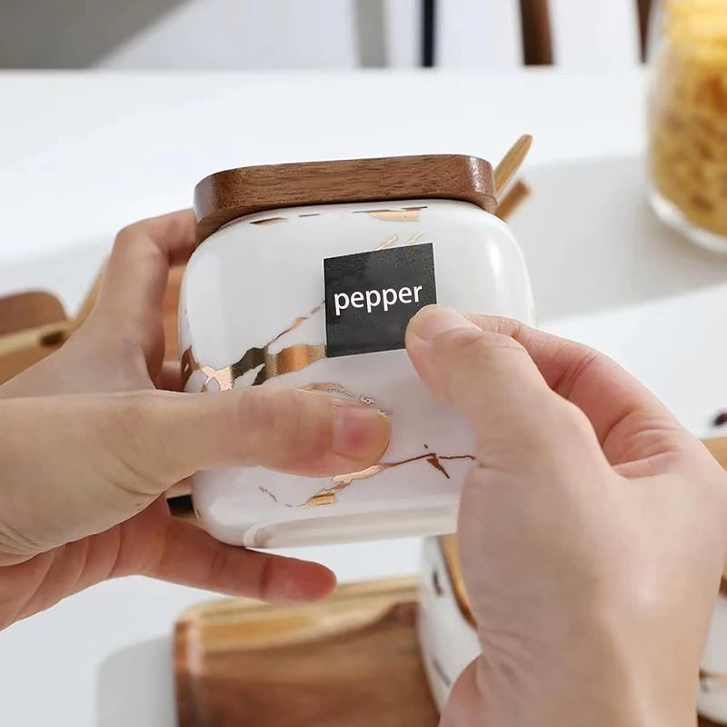 JFFLYIT Marble Ceramics Sugar Bowl Ceramic Seasoning Box Ceramic Spice Jars Porcelain Condiment Pots with Lid and Spoon (White) - Image 2
