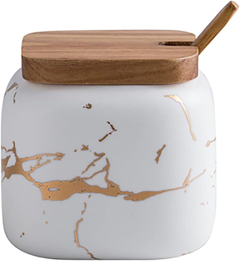 JFFLYIT Marble Ceramics Sugar Bowl Ceramic Seasoning Box Ceramic Spice Jars Porcelain Condiment Pots with Lid and Spoon (White) - Image 1