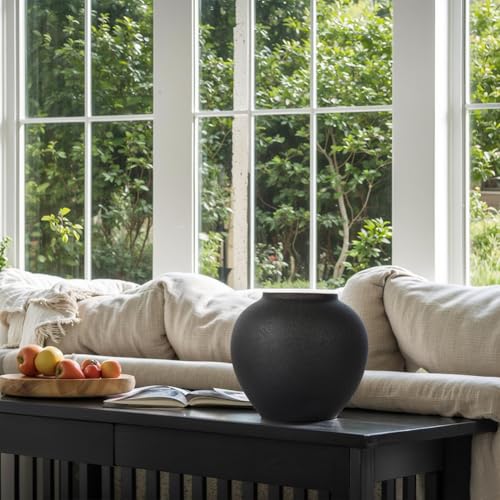 UANYEMON 8.3″ Matte Black Ceramic Vase – Modern Rustic Decorative Vase for Pampas Grass, Flowers & Greenery – Small Round Table Centerpiece for Living Room, Entryway, Shelf Decor - Image 4