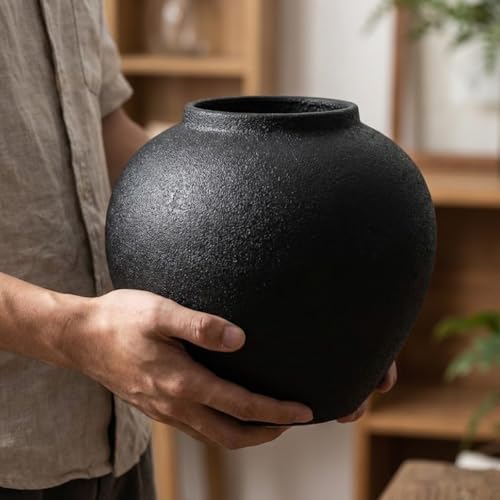 UANYEMON 8.3″ Matte Black Ceramic Vase – Modern Rustic Decorative Vase for Pampas Grass, Flowers & Greenery – Small Round Table Centerpiece for Living Room, Entryway, Shelf Decor - Image 3