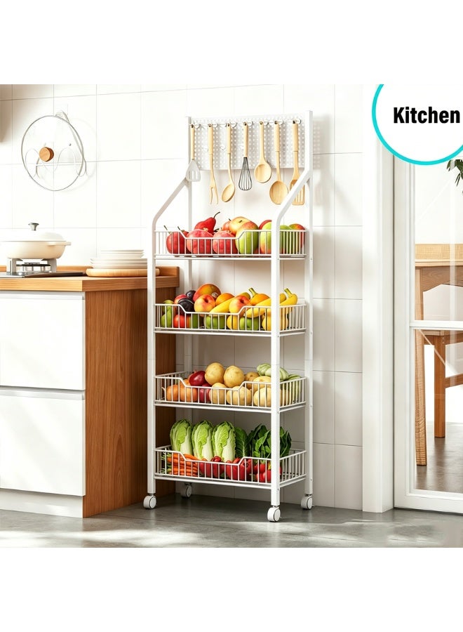 BLOOMING TIME 4-Tier Movable Kitchen Storage Rack with Perforated Back Panel, 360° Lockable Swivel Casters, U-Shaped Open Basket Design, Multi-Layer Metal Utility Cart for Pantry, Vegetables, Cookware & Household Organizing - Image 1