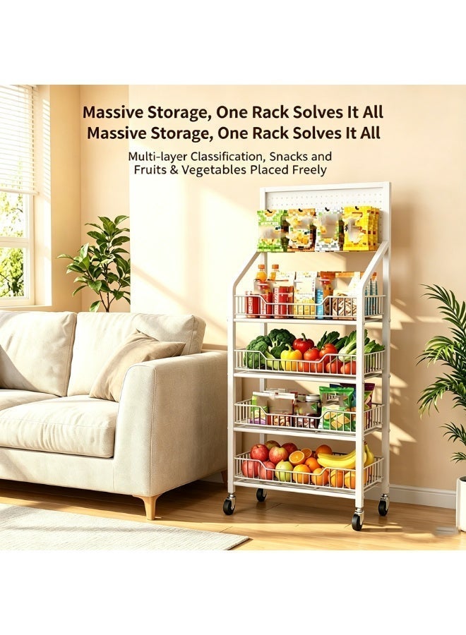 BLOOMING TIME 4-Tier Movable Kitchen Storage Rack with Perforated Back Panel, 360° Lockable Swivel Casters, U-Shaped Open Basket Design, Multi-Layer Metal Utility Cart for Pantry, Vegetables, Cookware & Household Organizing - Image 3