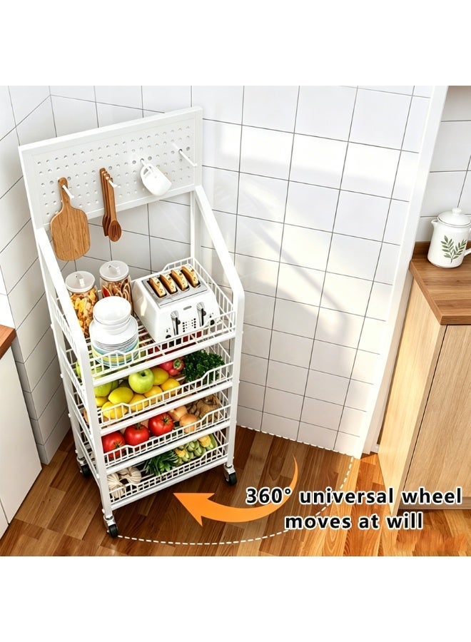 BLOOMING TIME 4-Tier Movable Kitchen Storage Rack with Perforated Back Panel, 360° Lockable Swivel Casters, U-Shaped Open Basket Design, Multi-Layer Metal Utility Cart for Pantry, Vegetables, Cookware & Household Organizing - Image 4