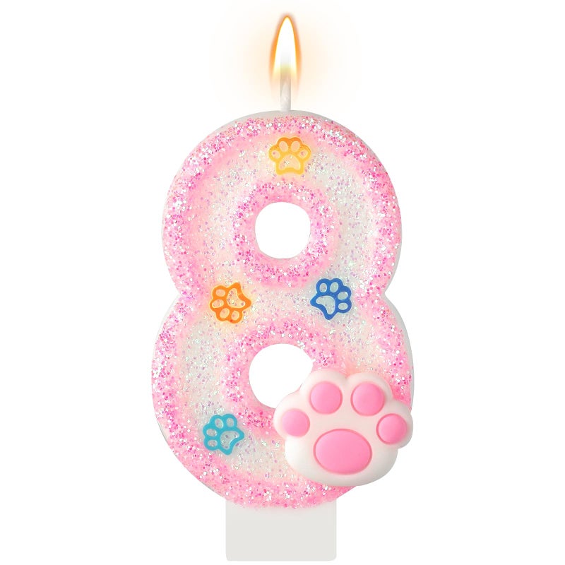AKURIEEY Dog and Cat 8th Birthday Candle Pink Numbers 8 Candle Paw Cake Topper Cupcake Decorations for Pet Theme Party Decor Anniversary Celebrations Supplies - Image 1