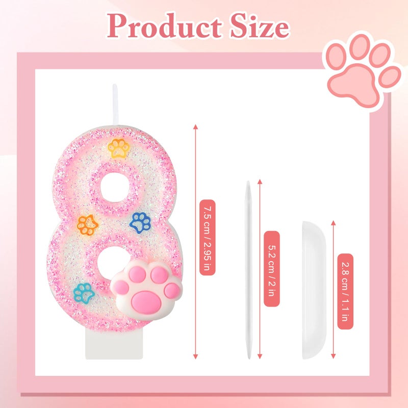 AKURIEEY Dog and Cat 8th Birthday Candle Pink Numbers 8 Candle Paw Cake Topper Cupcake Decorations for Pet Theme Party Decor Anniversary Celebrations Supplies - Image 3