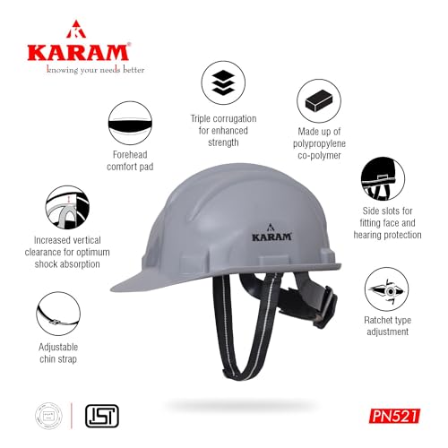 KARAM PN521 Safety Helmet for Men Construction Helmet | Ratchet Type Adjustment with Adjustable Chin Strap | Work Helmet with Side Slot for Attachment | is:2925:1984 Certified | Grey - Image 3