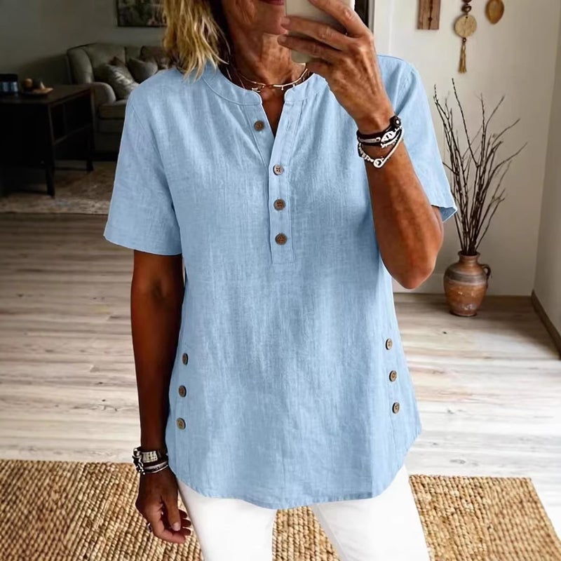 Women's V-Neck Short Sleeve Button Down Shirt - Image 4