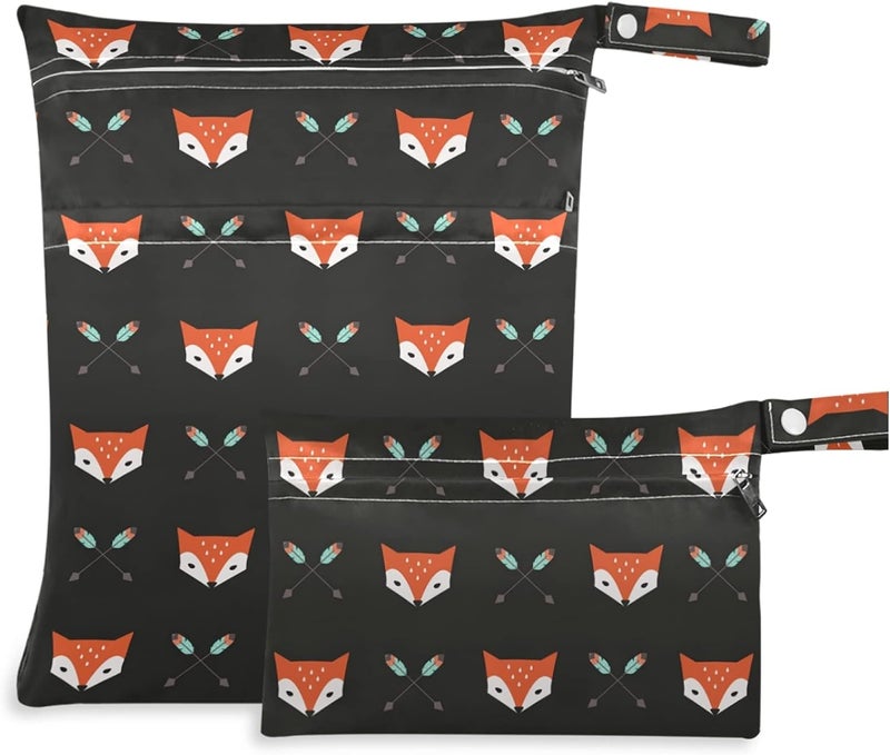 visesunny Foxes and Arrow Animal 2Pcs Wet Bag with Zippered Pockets Washable Reusable Roomy Diaper Bag for TravelBeachDaycareStrollerDiapersDirty Gym ClothesWet SwimsuitsToiletries - Image 1