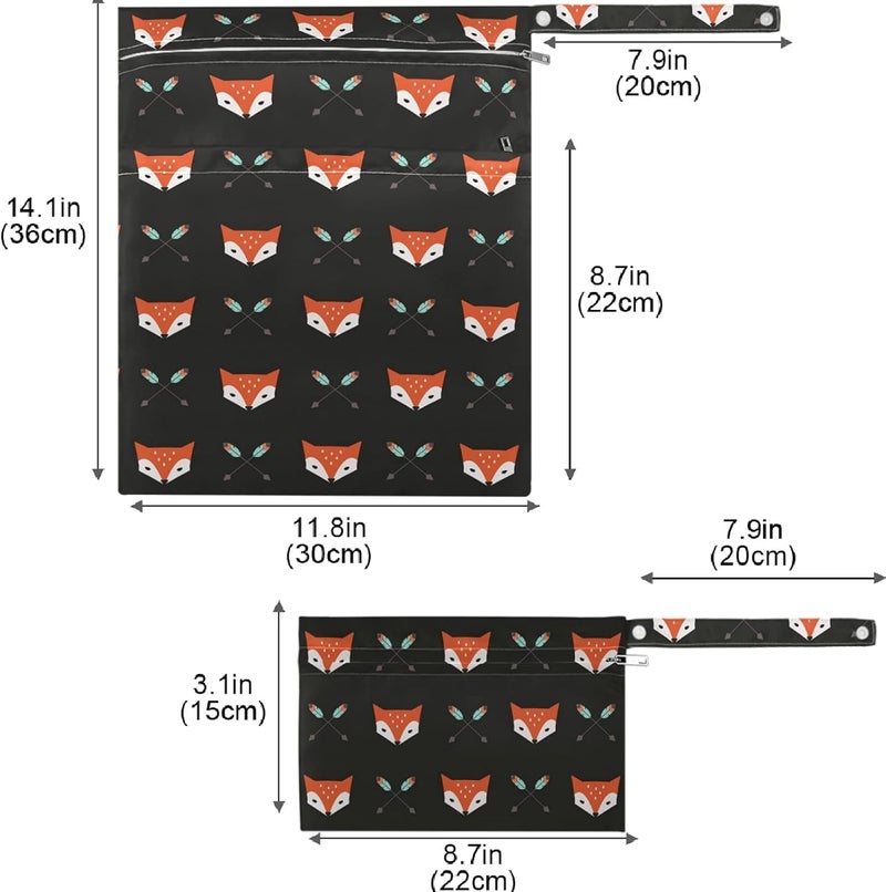 visesunny Foxes and Arrow Animal 2Pcs Wet Bag with Zippered Pockets Washable Reusable Roomy Diaper Bag for TravelBeachDaycareStrollerDiapersDirty Gym ClothesWet SwimsuitsToiletries - Image 3