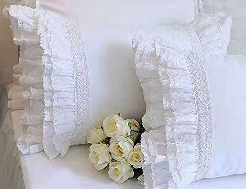 Meaning4 2-Pack White Pillow Shams Shabby Chic Pillowcases with Lace Ruffles Vintage Pillow Covers Cotton Queen Size 20"X30" Luxury Elegant - Image 2