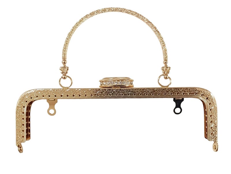 Tia Purse Frame Handle with Embossing Beads Kiss Metal Clasp for DIY Purse Bag Fashion Clutch Bags Accessories 1 Golden Frame Handle and Crystal Button1Pcs - Image 1