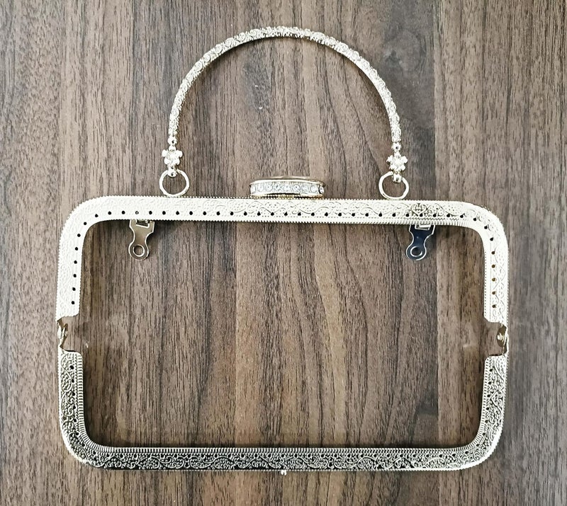 Tia Purse Frame Handle with Embossing Beads Kiss Metal Clasp for DIY Purse Bag Fashion Clutch Bags Accessories 1 Golden Frame Handle and Crystal Button1Pcs - Image 2