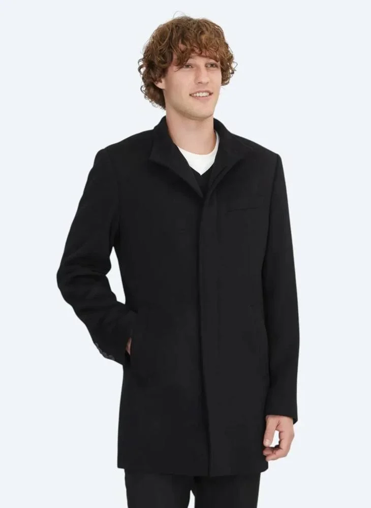 Kip Black Regular Fit Turtleneck Classical Weaving Overcoat