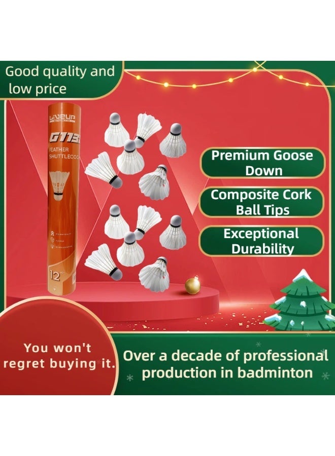 12-Pack Badminton Shuttlecocks, White, Premium Goose Feathers, Cork Ball Head, Durable Competition Grade, Stable Flight - Image 3