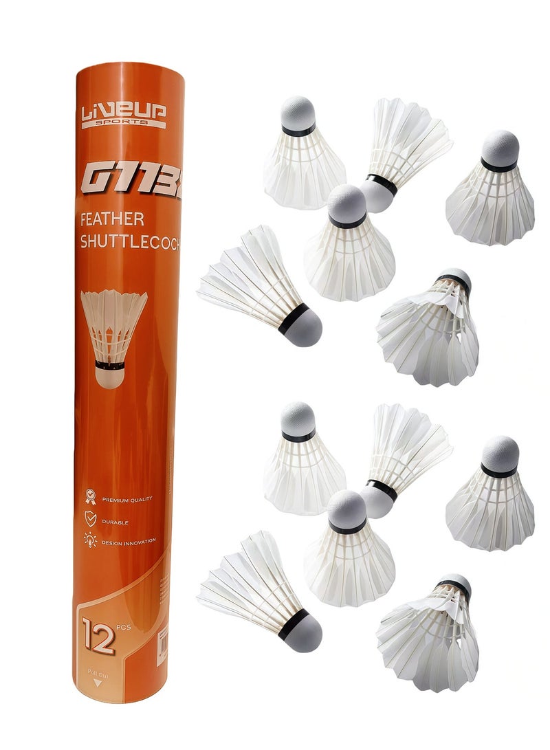 12-Pack Badminton Shuttlecocks, White, Premium Goose Feathers, Cork Ball Head, Durable Competition Grade, Stable Flight - Image 1