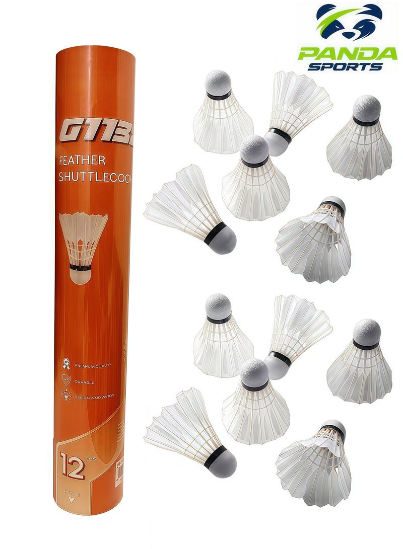 Panda Sports 12-Pack Badminton Shuttlecocks, White, Premium Goose Feathers, Cork Ball Head, Durable competition-grade, Stable Flight，Speed 77 - Image 1