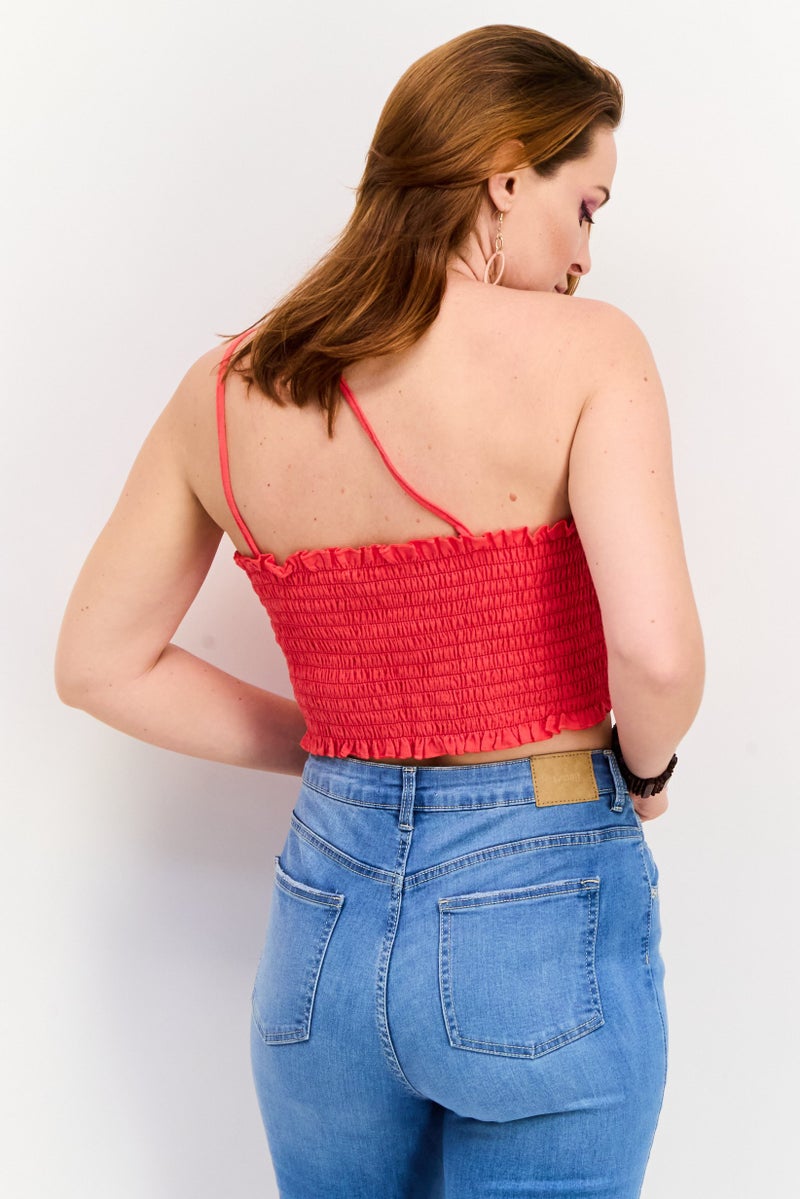 In the style Women Asymmetrical Neck Sleeveless Textured Top, Dark Coral - Image 4