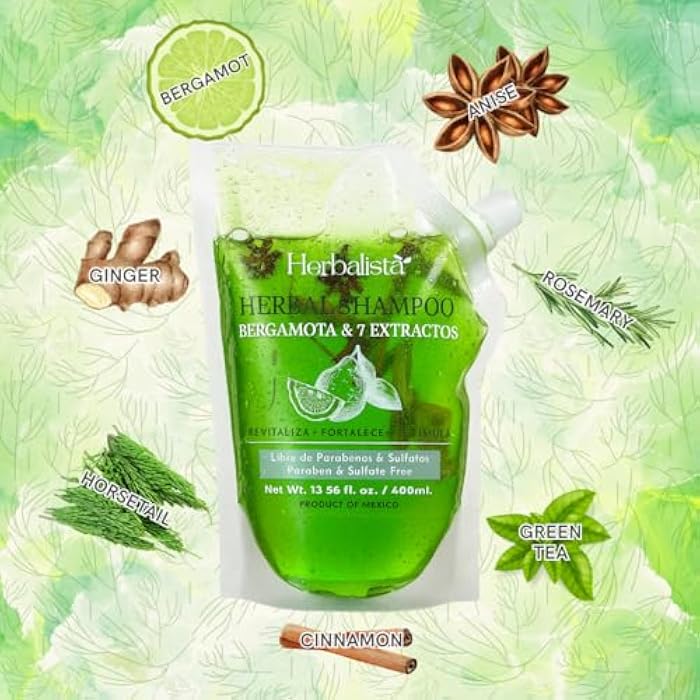 HERBALISTA Viral Bergamot Herbal Shampoo Pouch 400ml (13.5 fl oz) – Shampoo de Bergamota With 7 Extracts: Rosemary, Ginger, Anise, Green Tea, Horsetail & Cinnamon. - Image 3