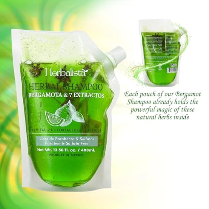 HERBALISTA Viral Bergamot Herbal Shampoo Pouch 400ml (13.5 fl oz) – Shampoo de Bergamota With 7 Extracts: Rosemary, Ginger, Anise, Green Tea, Horsetail & Cinnamon. - Image 2