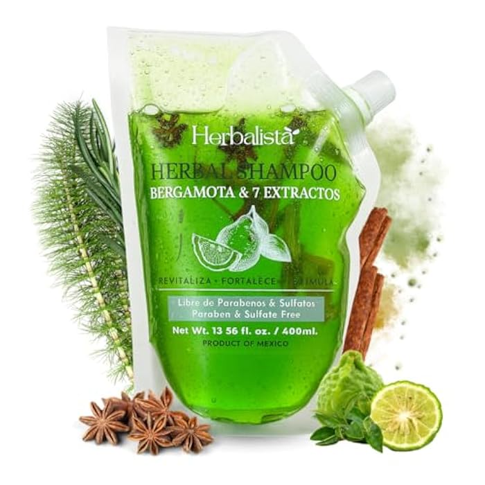 HERBALISTA Viral Bergamot Herbal Shampoo Pouch 400ml (13.5 fl oz) – Shampoo de Bergamota With 7 Extracts: Rosemary, Ginger, Anise, Green Tea, Horsetail & Cinnamon. - Image 1