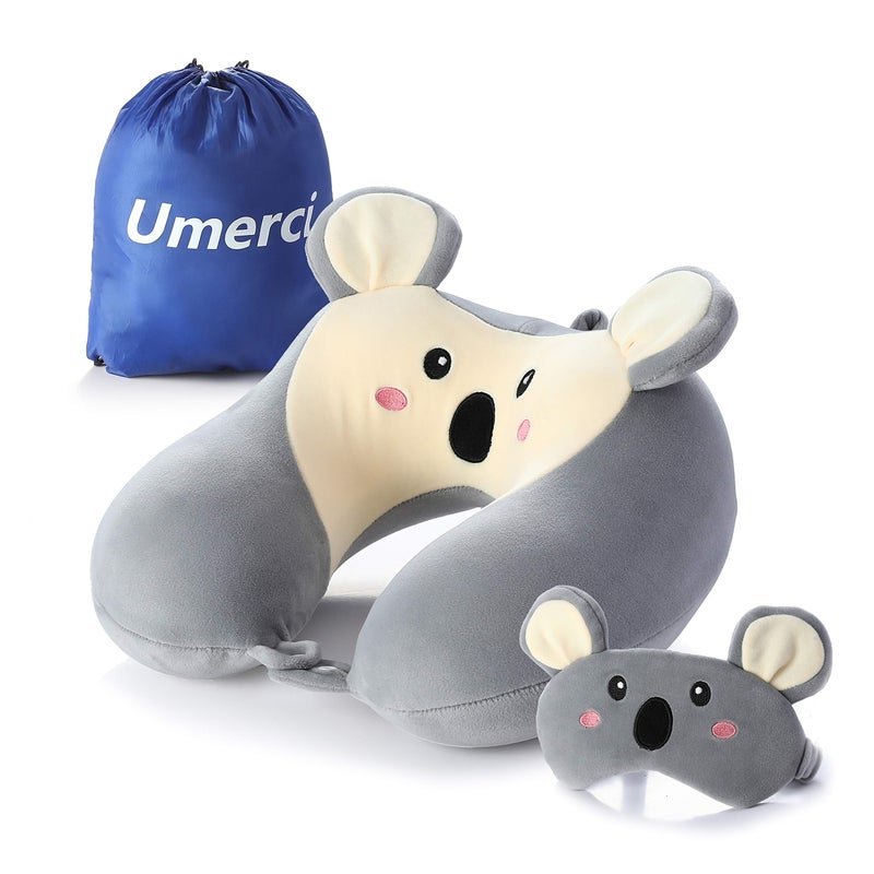 Umerci Travel Pillow Memory Foam Neck Pillow with 360Degree Head Support Comfortable Airplane Pillow with Storage Bag Lightweight Traveling Pillow for Sleeping Car Train Bus and Home Use Koala