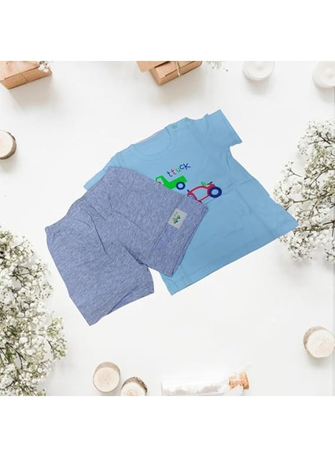 AIWANTO 2 Set Baby Boy Truck Design Cotton Pajama Set Tshirt & Shorts Set Pear Green & Cyan (8-15months) - Image 3