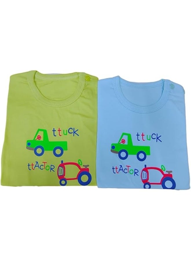 AIWANTO 2 Set Baby Boy Truck Design Cotton Pajama Set Tshirt & Shorts Set Pear Green & Cyan (8-15months) - Image 2