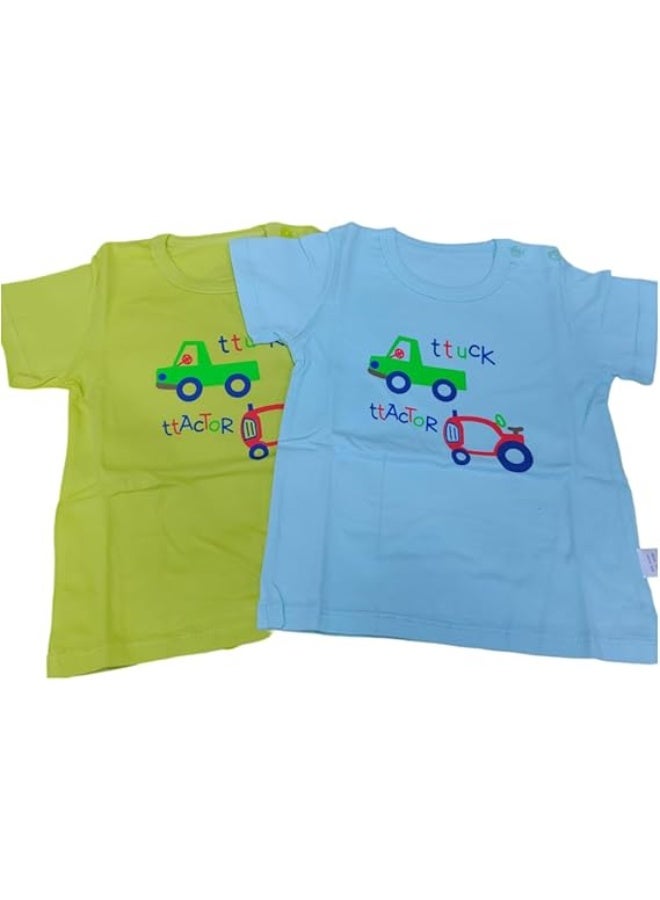 AIWANTO 2 Set Baby Boy Truck Design Cotton Pajama Set Tshirt & Shorts Set Pear Green & Cyan (8-15months) - Image 1