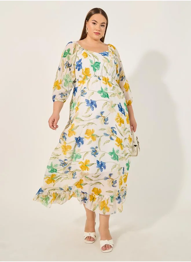 ستايلي Plus Size Floral Print Sweetheart Neck A-Line Maxi Dress