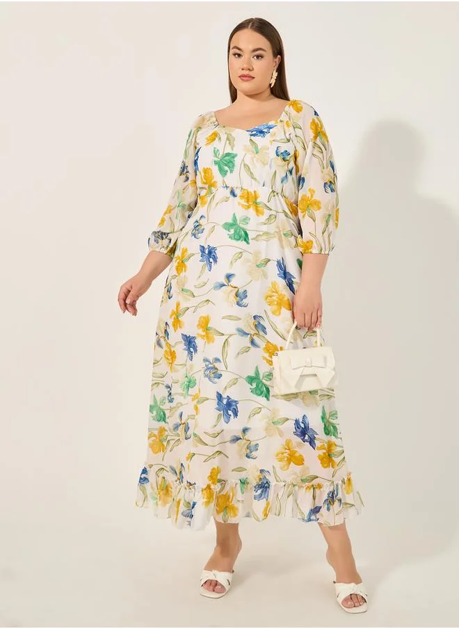 ستايلي Plus Size Floral Print Sweetheart Neck A-Line Maxi Dress