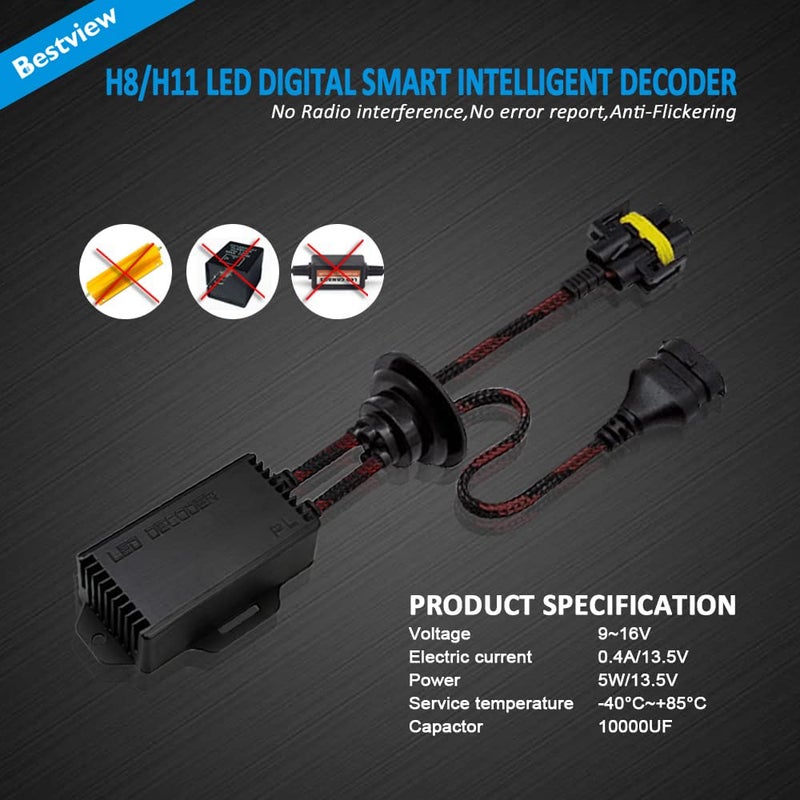 Bestview 2PCS H8 H9 H11 LED Light Canbus Decoder: Anti Flicker Harness, Resistor Decoders Error Free, LED Warning Canceller Resistor Adapter, H8 Canbus Decoder Upgrade with Waterproof Rubber Ring - Image 2